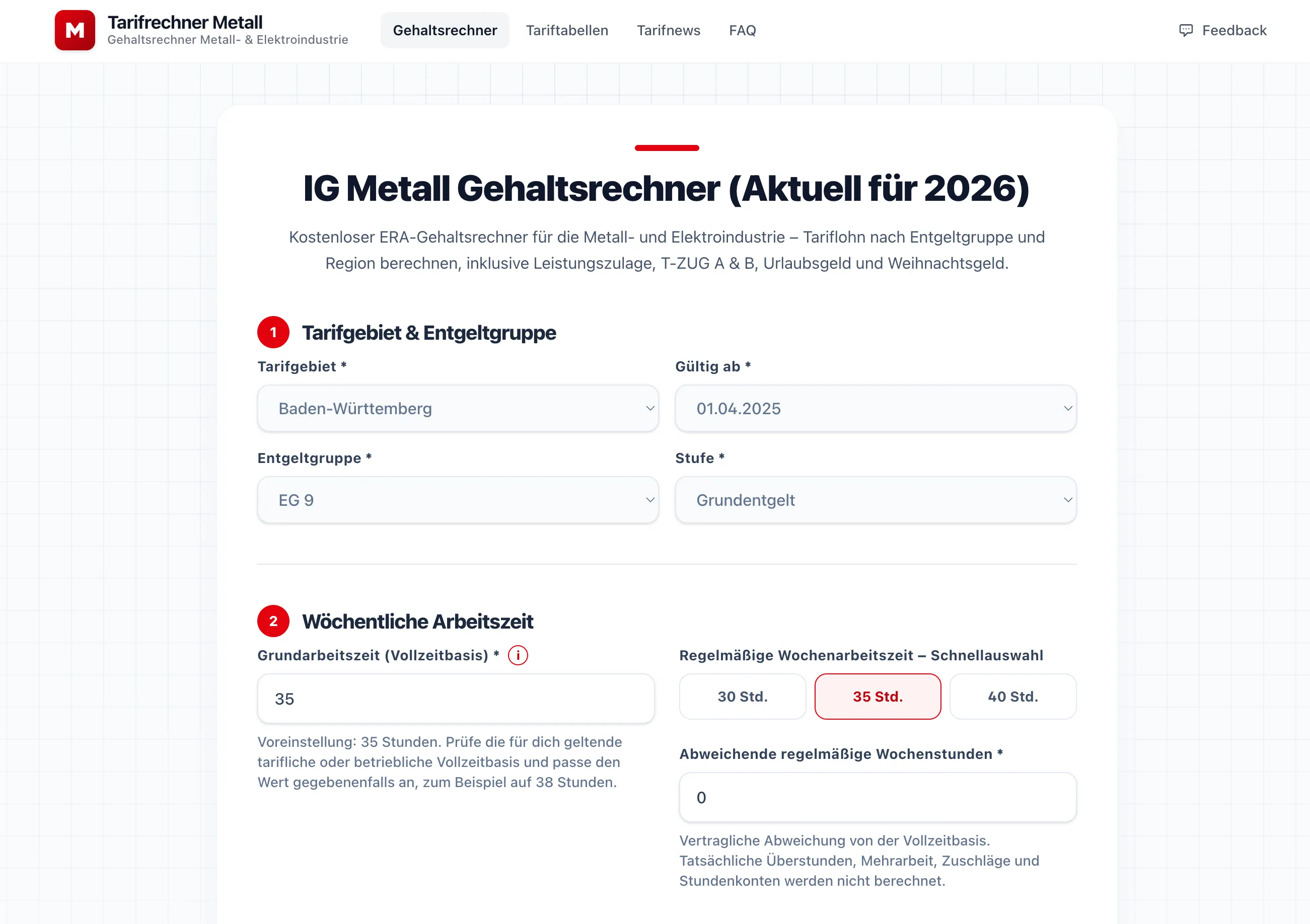 Website-Vorschau: Tarifrechner Metall